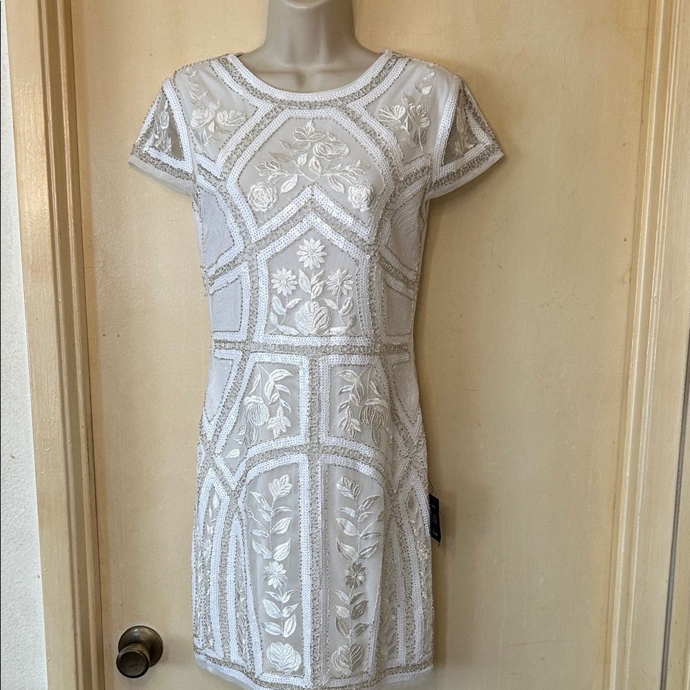 Lulu's White Embroidered Beaded Floral Mini Dress size S